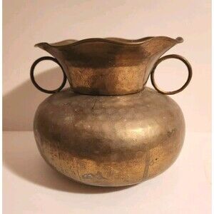 Vintage Small Brass Spittoon With Ring Handles Hammered Vase Eclectic Western